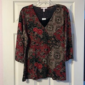 NWT JM Collection Black Red Gold Foil Rose Blouse 1X
